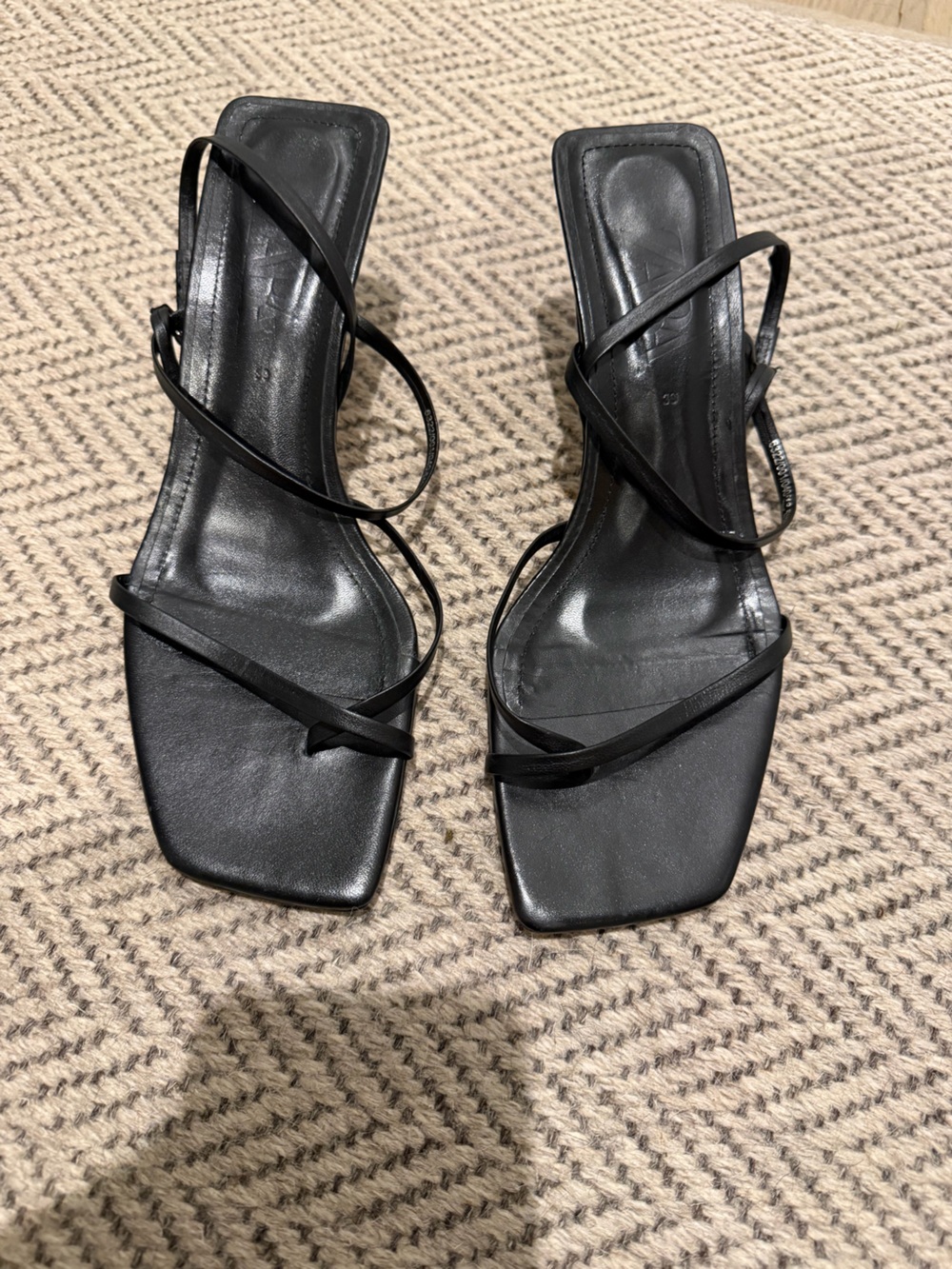 Zara Black Strappy Square-Toe Heeled Sandals